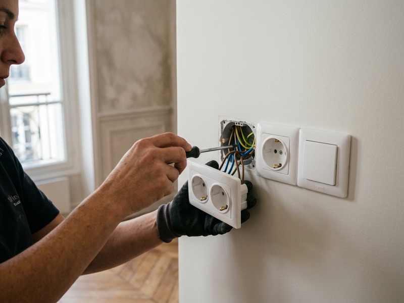 Électricien posant une prise double et un interrupteur